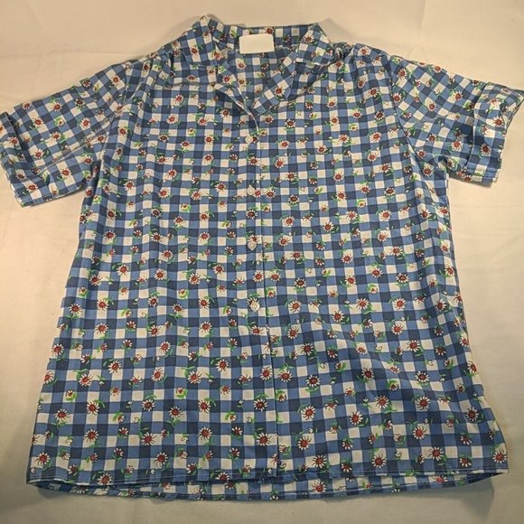 Simply Basic Blue Plaid Gingham White Daisy Flowers Button Up Floral Women S - Picture 1 of 11